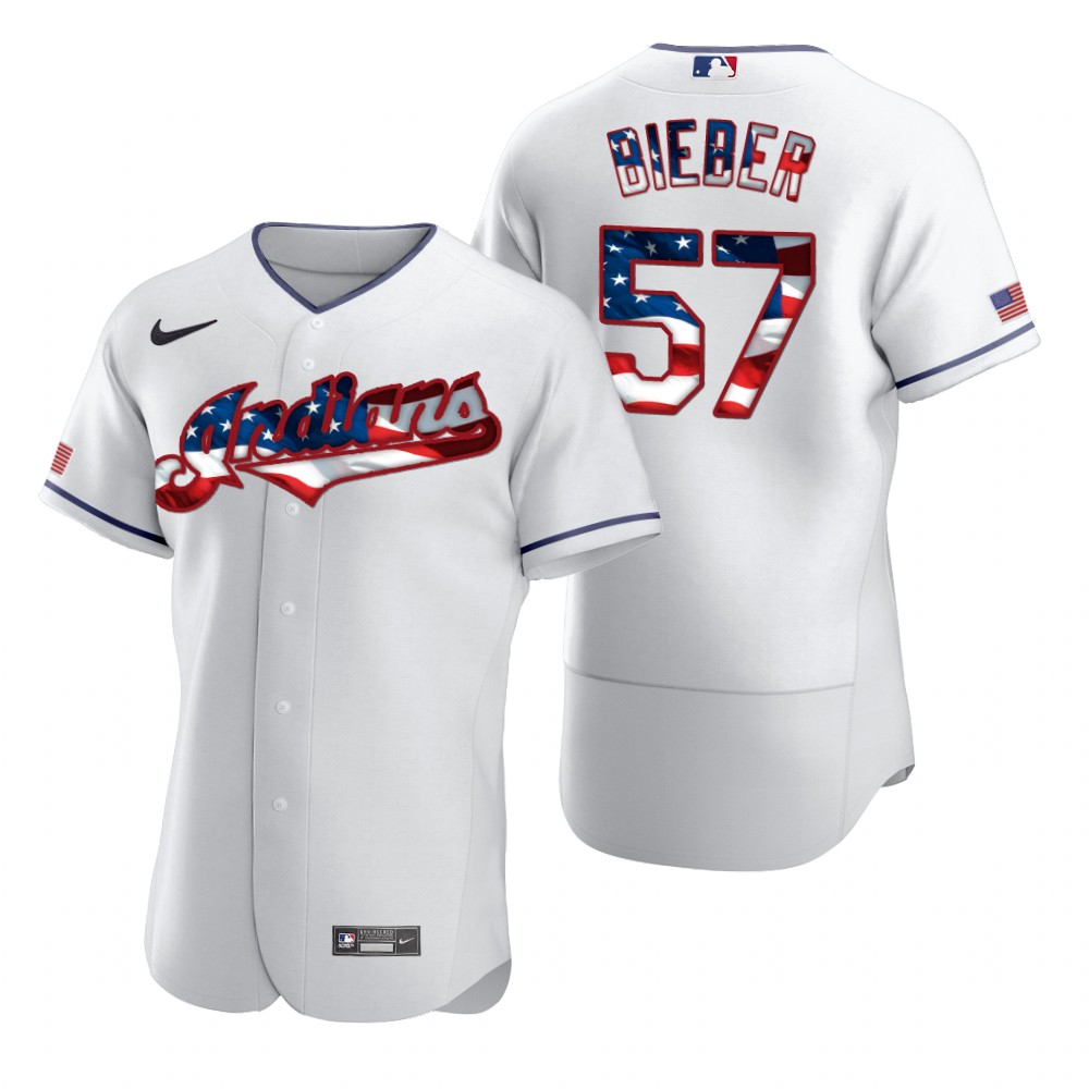 Cleveland Indians #57 Shane Bieber Men Nike White Fluttering USA Flag Limited Edition Authentic MLB Jersey